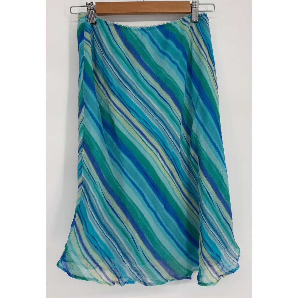Sharon Anthony Womens Silk Midi Skirt Blue Teal Striped Sz M